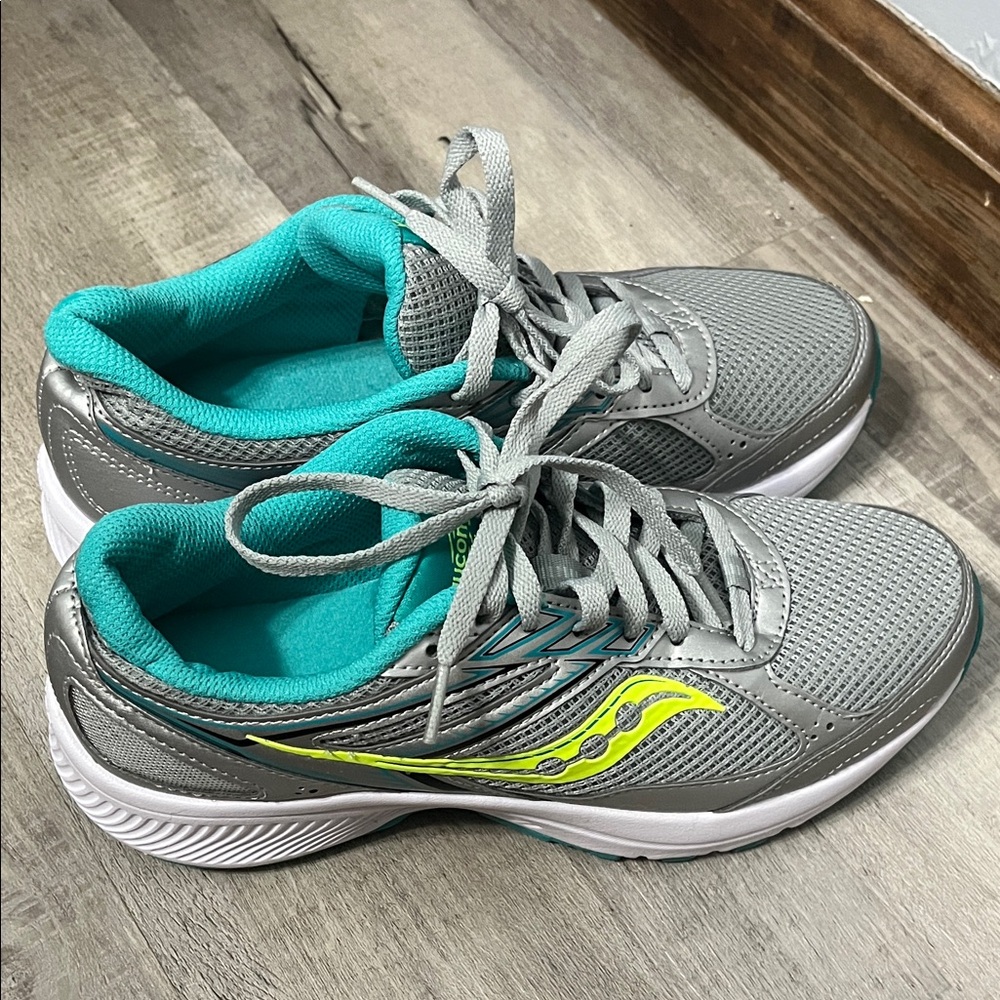 Saucony Women's Grey Sneakers with Teal & Neon Yellow Accents